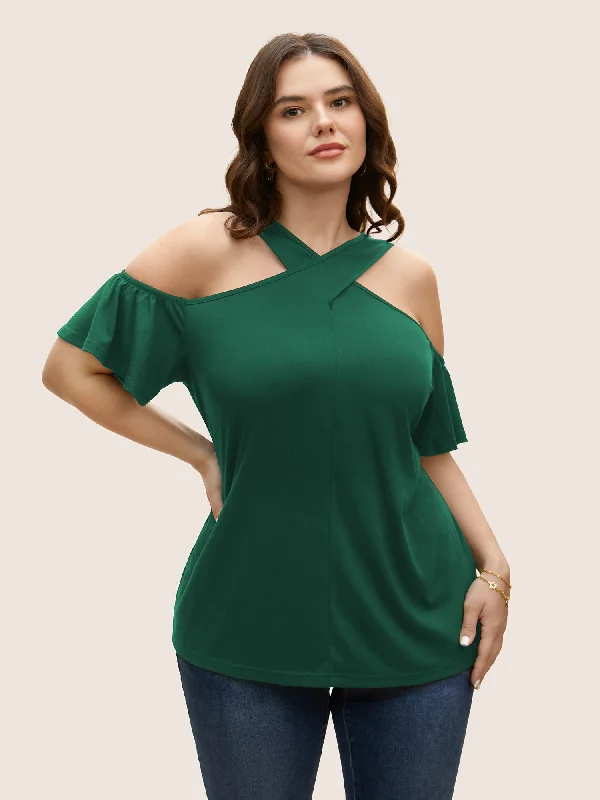 Versatile Women's Clothing for All Occasions Solid Overlap Collar Ruffle Sleeve T-shirt