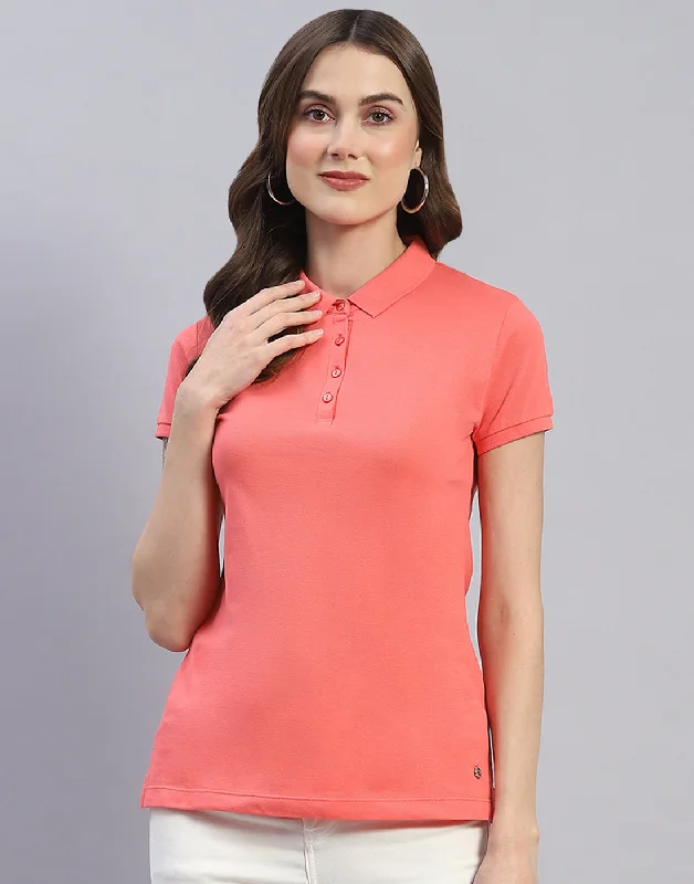 Eclectic Fashion Women Coral Solid Polo Collar Half Sleeve T-Shirt