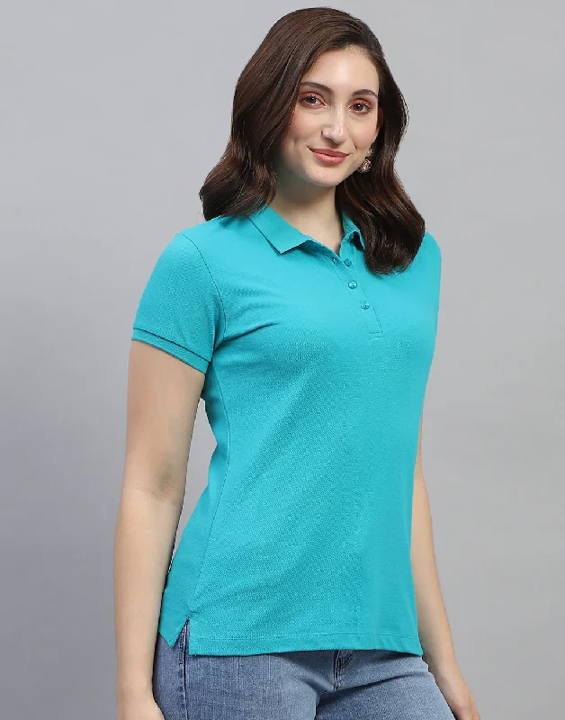 Timeless Elegance Women Turquoise Blue Solid Collar Neck Half Sleeve T Shirt