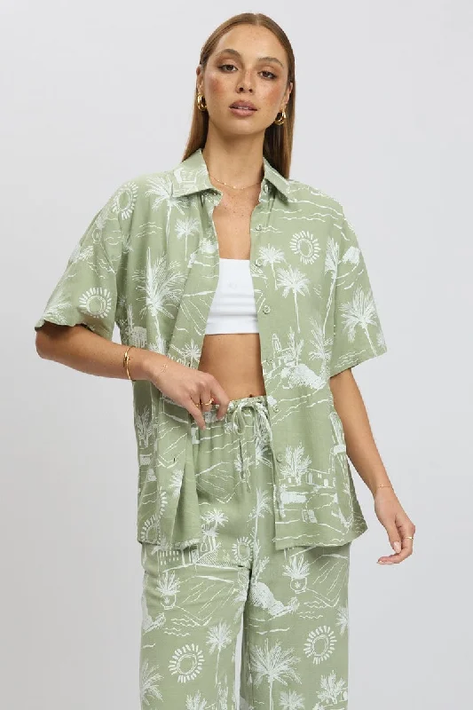 Online Boutiques Clothing Green Abstract Relaxed Shirt Short Sleeve