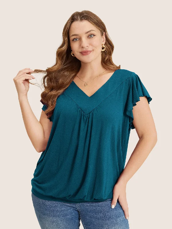 Season Sale Plain Gathered V Neck Ruffle Sleeve T-shirt