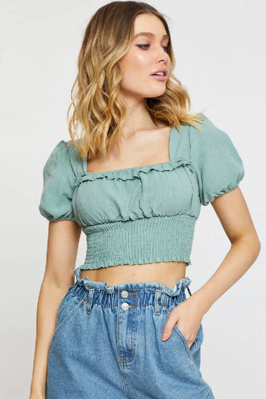 End Of Season Sale Clothing Green Crop Blouse Short Sleeve