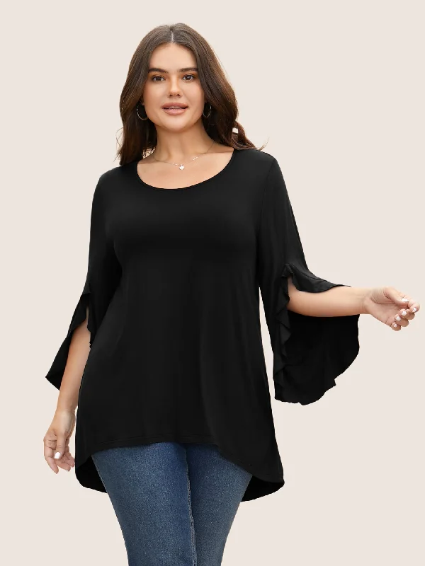 Women's Relaxed Outfit Solid Ruffle Sleeve High Low Hem T-shirt