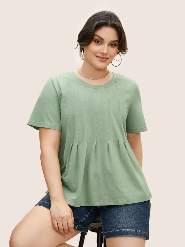 Women's Party Outfit Cotton Crew Neck Tucked Seam Pleated T-shirt