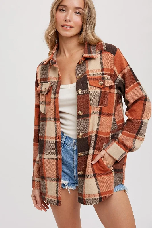 Elegant Women's Evening Garments Rust Plaid Shirt Jacket