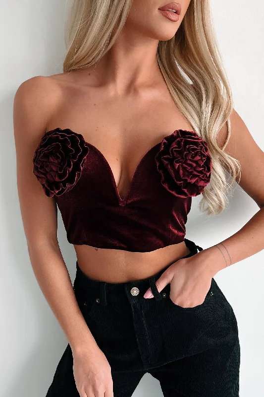 Women's Attire Rose To The Occasion Velvet Rosette Crop Top (Wine)