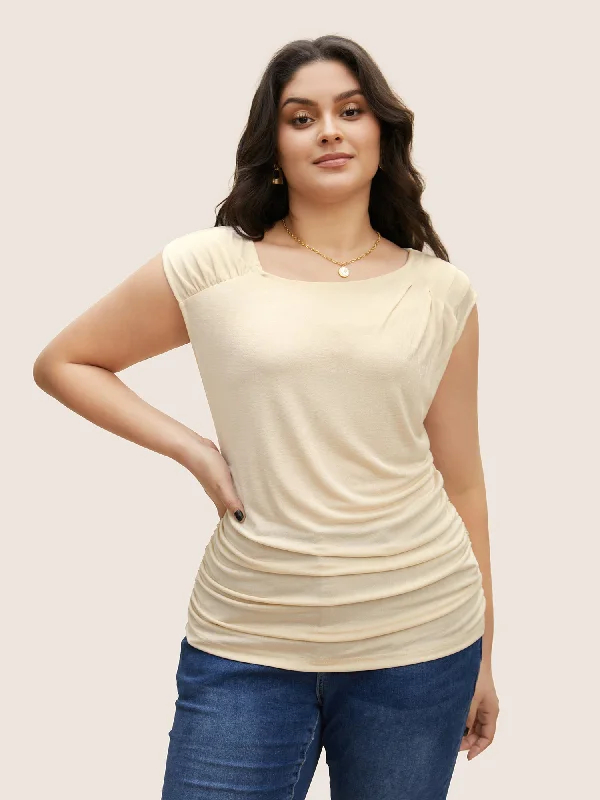 Workwear Fashion for Women Asymmetrical Neck Pleated Cap Sleeve T-shirt