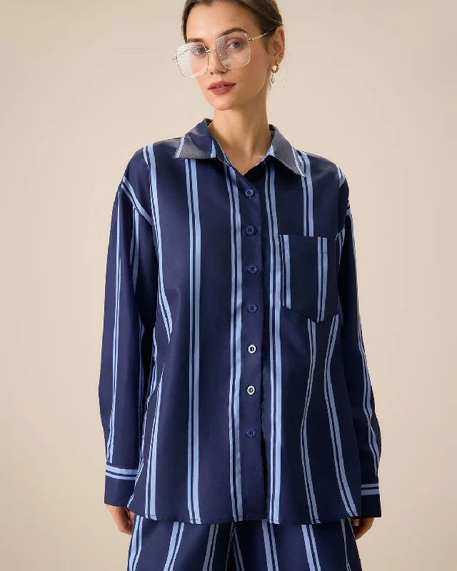 Casual Chic Women's Navy Striped Pocket Shirt