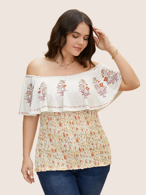 Women's Clothing for Every Season and Trend Cold Shoulder Boho Print Shirred T-shirt