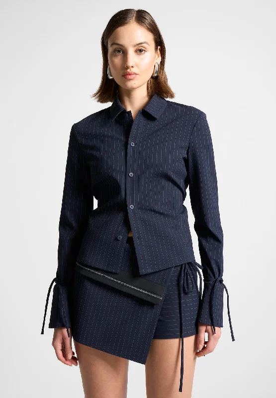 Clothes Woman Pinstripe Cinch Tailored Shirt with Ties - Navy