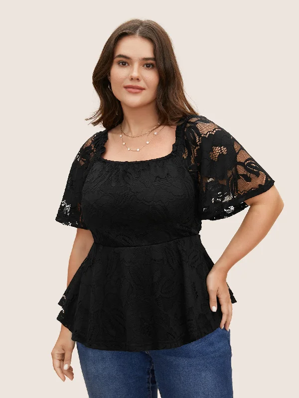 Comfortable Casual Women's Clothing Square Neck Floral Lace Panel T-shirt