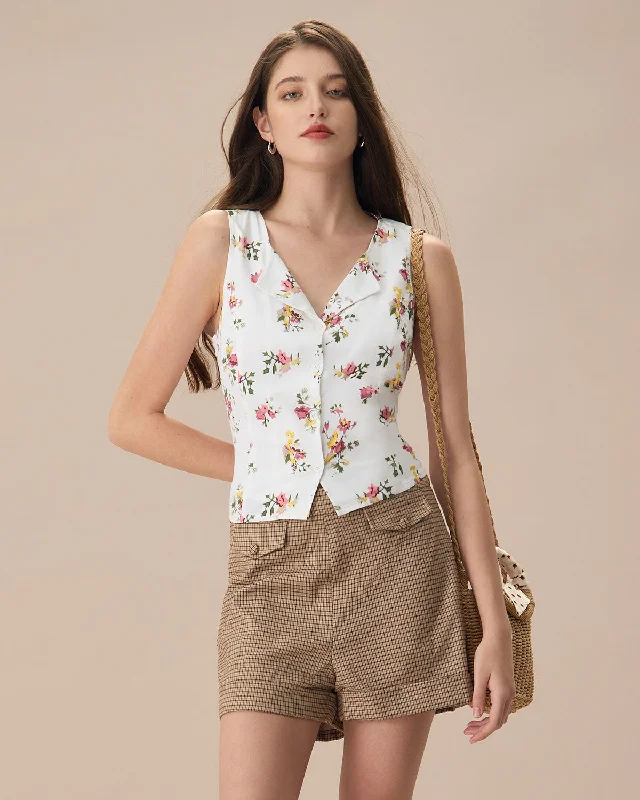 Free Spirited Fashion The White V Neck Floral Button Sleeveless Shirt