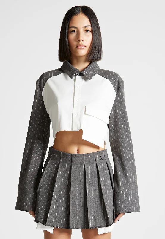 Online Boutiques Best Pinstripe Contrast Cropped Shirt - Grey