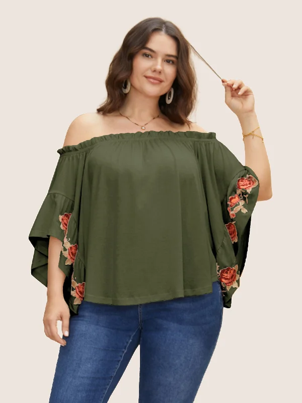 Women's Clothing for All Occasions Off Shoulder Floral Embroidered Ruffle Sleeve T-shirt