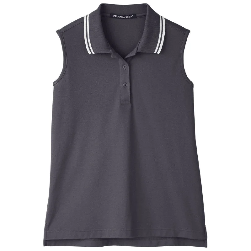 Women's Apparel And Garments Devon & Jones Women's Graphite/White CrownLux Performance Plaited Tipped Sleeveless Polo