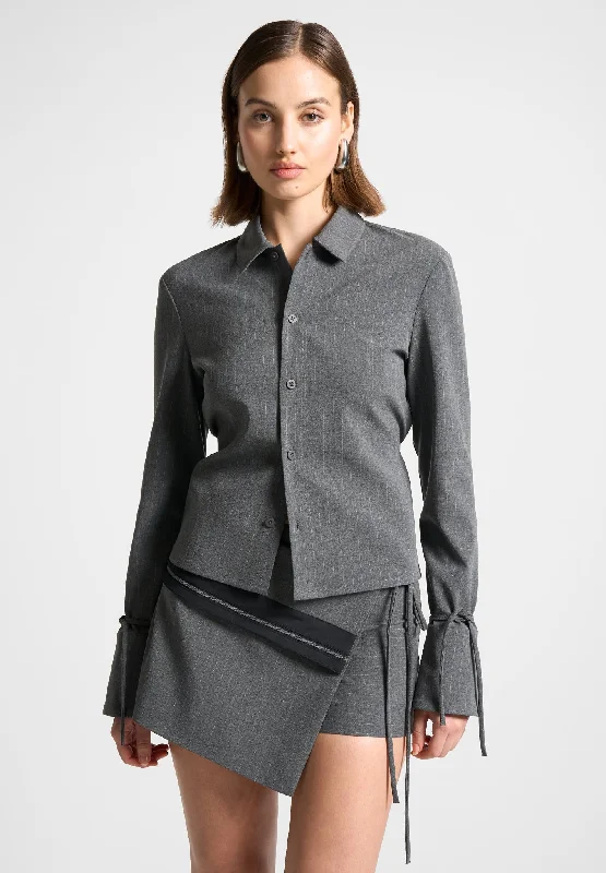 Women's Online Clothing Boutique Pinstripe Cinch Tailored Shirt with Ties - Grey