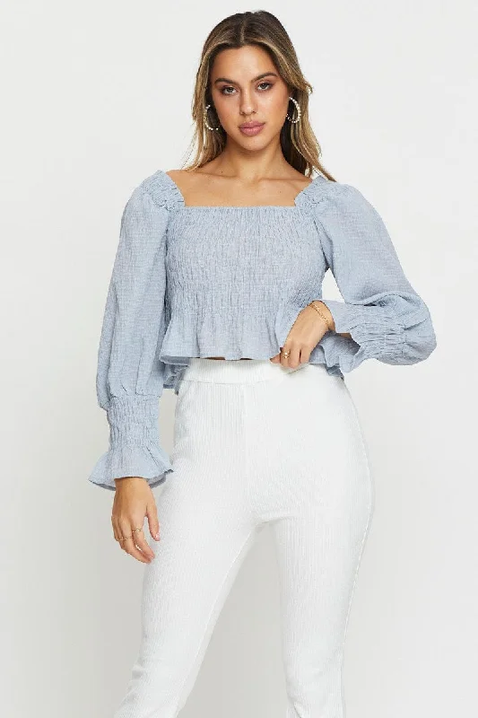 Stylish Everyday Clothing Blue Peasant Blouse Long Sleeve Crop