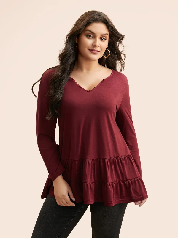 Women's Comfortable Garments Notched Ruffle Layered Hem T-shirt