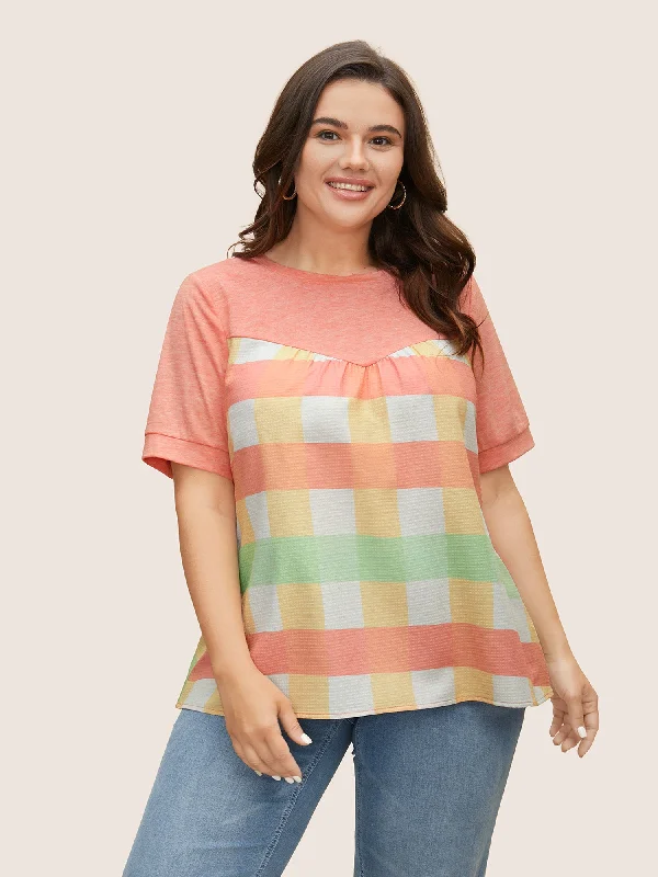 Affordable Women's Fashion Crew Neck Colored Plaid Patchwork Gathered T-shirt