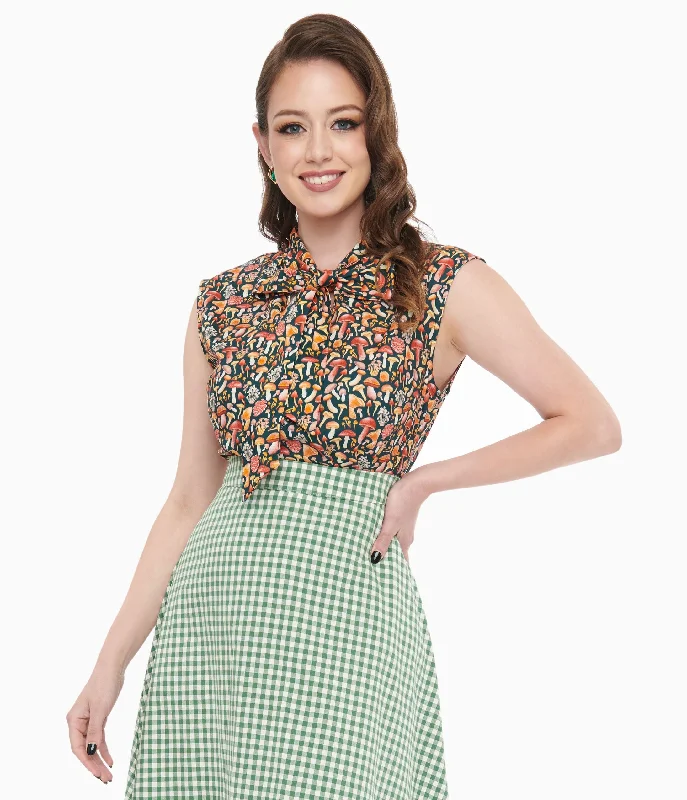 High-End Women's Apparel Retrolicious 1950s Forest Green Mushroom Print Cotton Bow Top