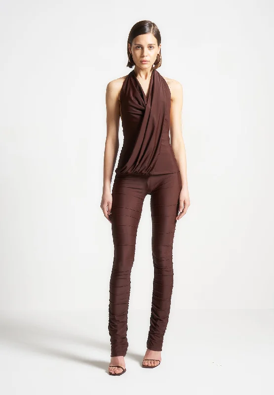 Casual Outfit For Women Draped Halterneck Top - Brown