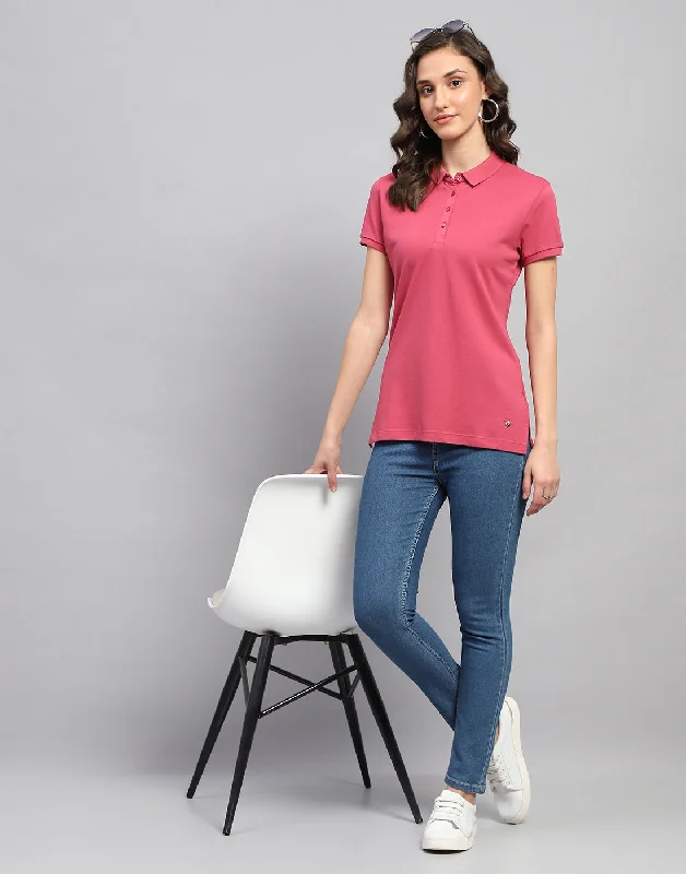 Current Trends Women Pink Solid Polo Collar Half Sleeve T Shirt