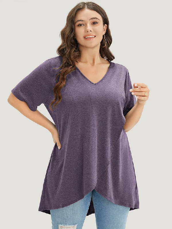 Comfortable Women's Clothes Plain V Neck Wrap High Low Hem T-shirt