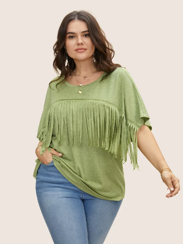 Women's Outerwear for All Weather Conditions Solid Fringe Trim Batwing Sleeve T-shirt