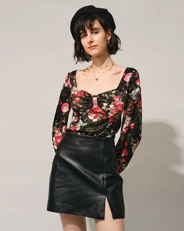 Women's Urban Fashion The Black Square Neck Floral Satin Blouse