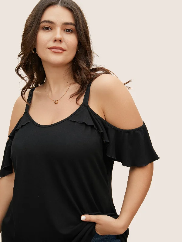 Clothes For Sale Plain Cold Shoulder Ruffle Trim T-shirt