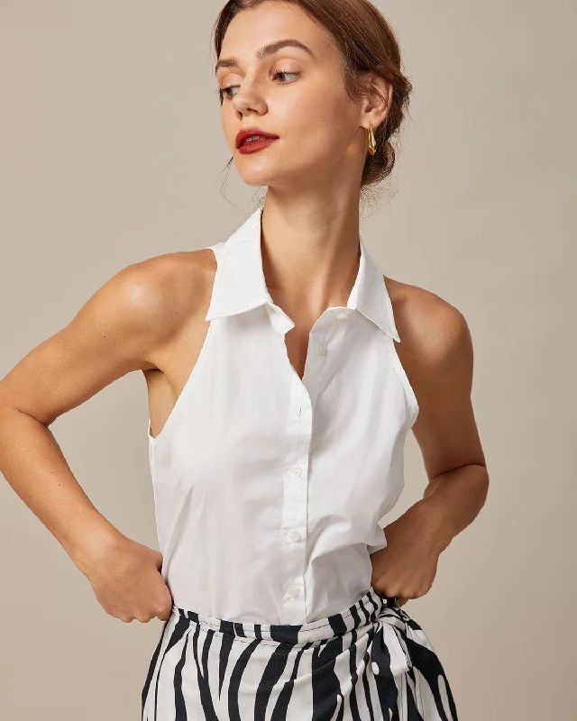 Women's Fashion-Forward Apparel The White Collared Button Up Sleeveless Shirt