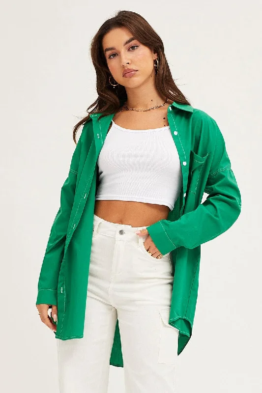 Clothing Store Green Oversized Contrast Stitch Button Up Shirt