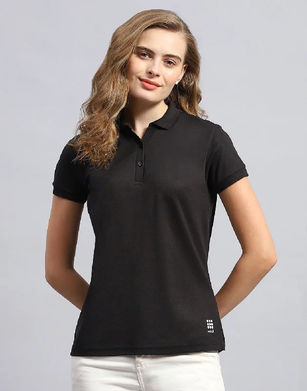 Casual Wear Women Black Solid Polo Collar Half Sleeve T-Shirt