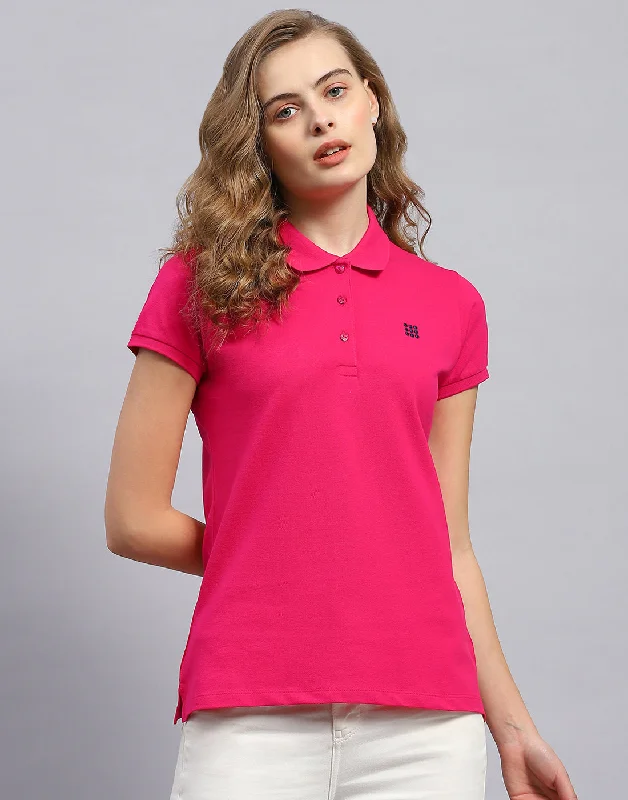 Preppy Style Women Pink Solid Polo Collar Half Sleeve T-Shirt