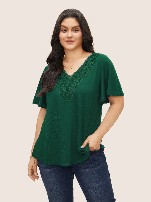 Women's Trendy Apparel Solid Ruffle Sleeve Lace V Neck T-shirt