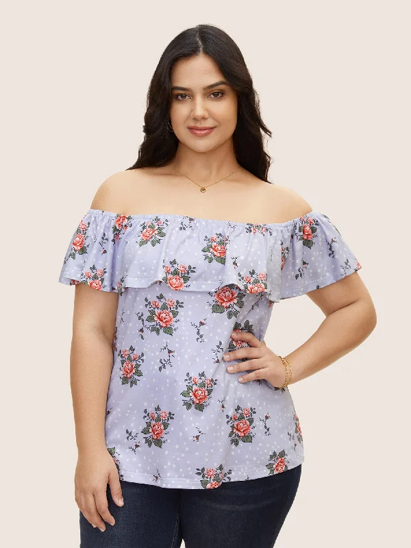 Elegant Women's Clothing Off Shoulder Floral Ruffles Gathered T-shirt