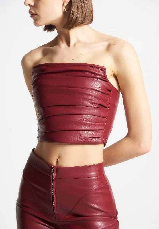 Women's Evening Wear Outfit Pleated Bandeau Leather Corset Top - Wine Red