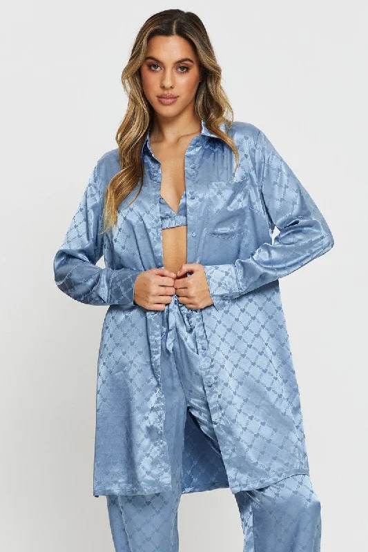 Flash Sales Today Blue Mix And Match Pyjama Shirt Satin