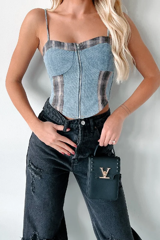 Vintage Women's Fashion DOORBUSTER Subtle Slay Denim Plaid Zip-Front Tank Top (Blue Denim)