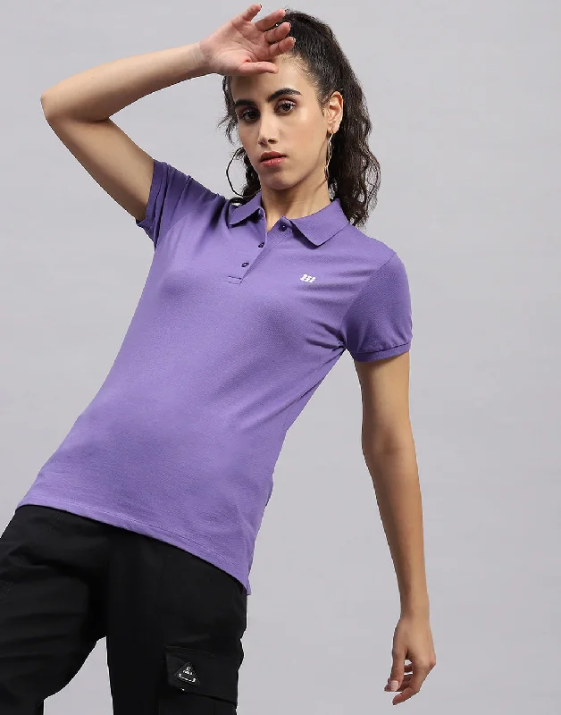 Sophisticated Style Women Purple Solid Polo Collar Half Sleeve T Shirt