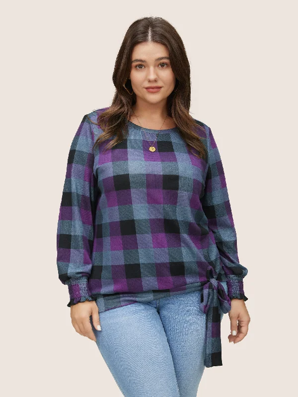 Chic & Cozy Apparel Plaid Shirred Cuffs Bowknot Detail T-shirt