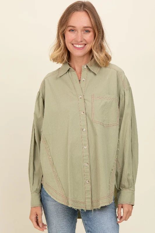 Women's Professional Garments Light Olive Contrast Stitch Button Up Collared Long Sleeve Top