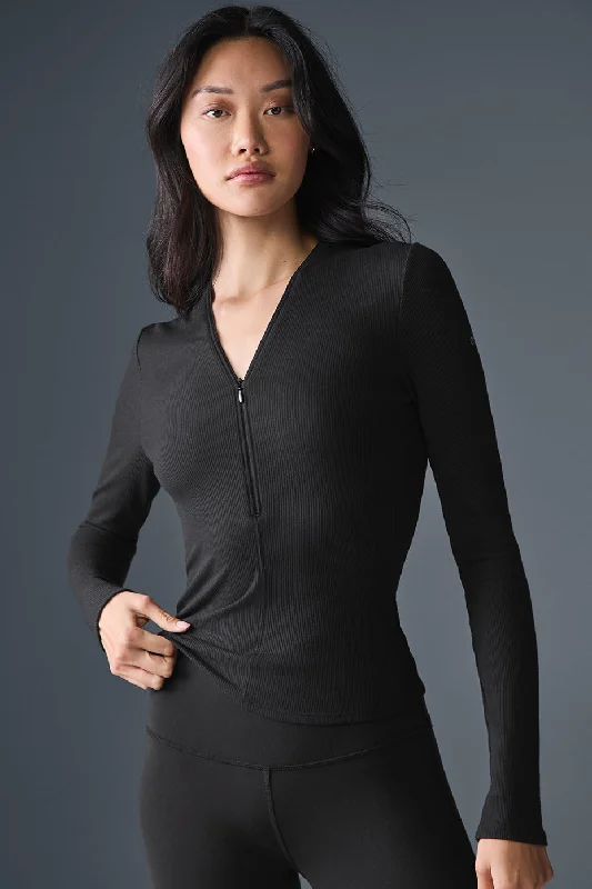 Women's Clothing Apparel Ribbed Mesmerize Long Sleeve - Black