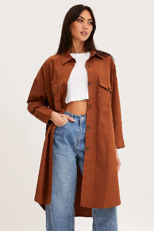 Clothes For Women Brown Oversized Shirts Long Sleeve Collared