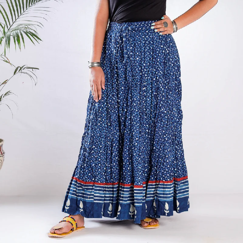 Urban Femme Streetwear Blue - Kusumlata Indigo Block Print Cotton Crinkle Long Skirt