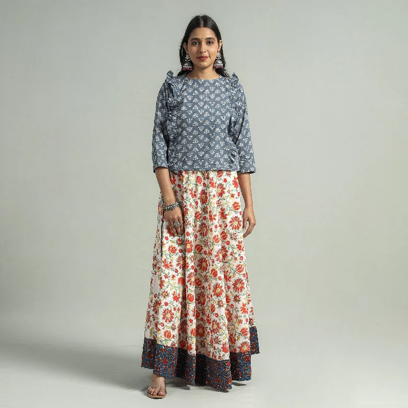 Stylish Women's Garments White - Sanganeri Block Printed Cotton Long Skirt