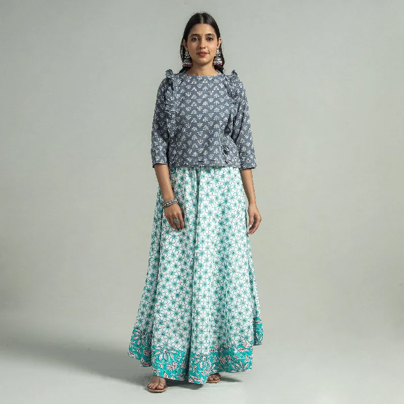 Modern Women's Attire Blue - Sanganeri Block Printed Cotton Long Skirt