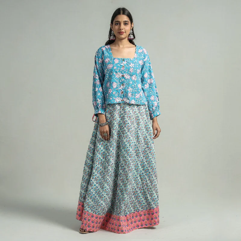 Affordable Women's Attire Blue - Sanganeri Block Printed Cotton Long Skirt