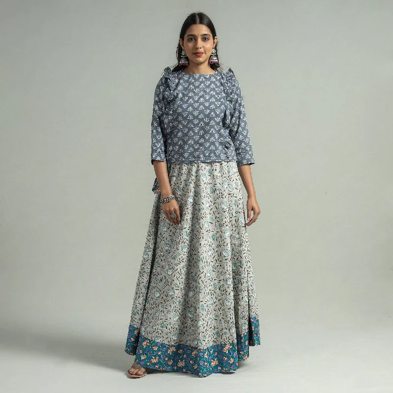 Stylish Women's Attire White - Sanganeri Block Printed Cotton Long Skirt