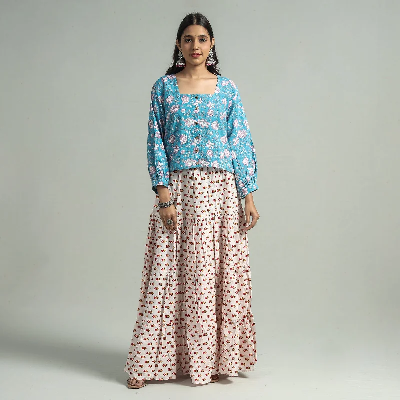 Casual Outfit For Women White - Sanganeri Block Printed Tiered Cotton Long Skirt